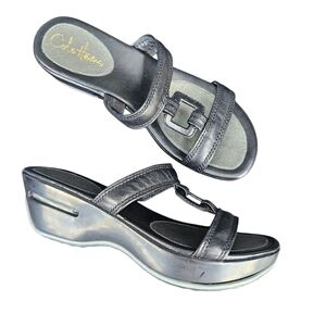 Cole Haan Nike Air Black Open Toe Wedge Black Leather Sandals